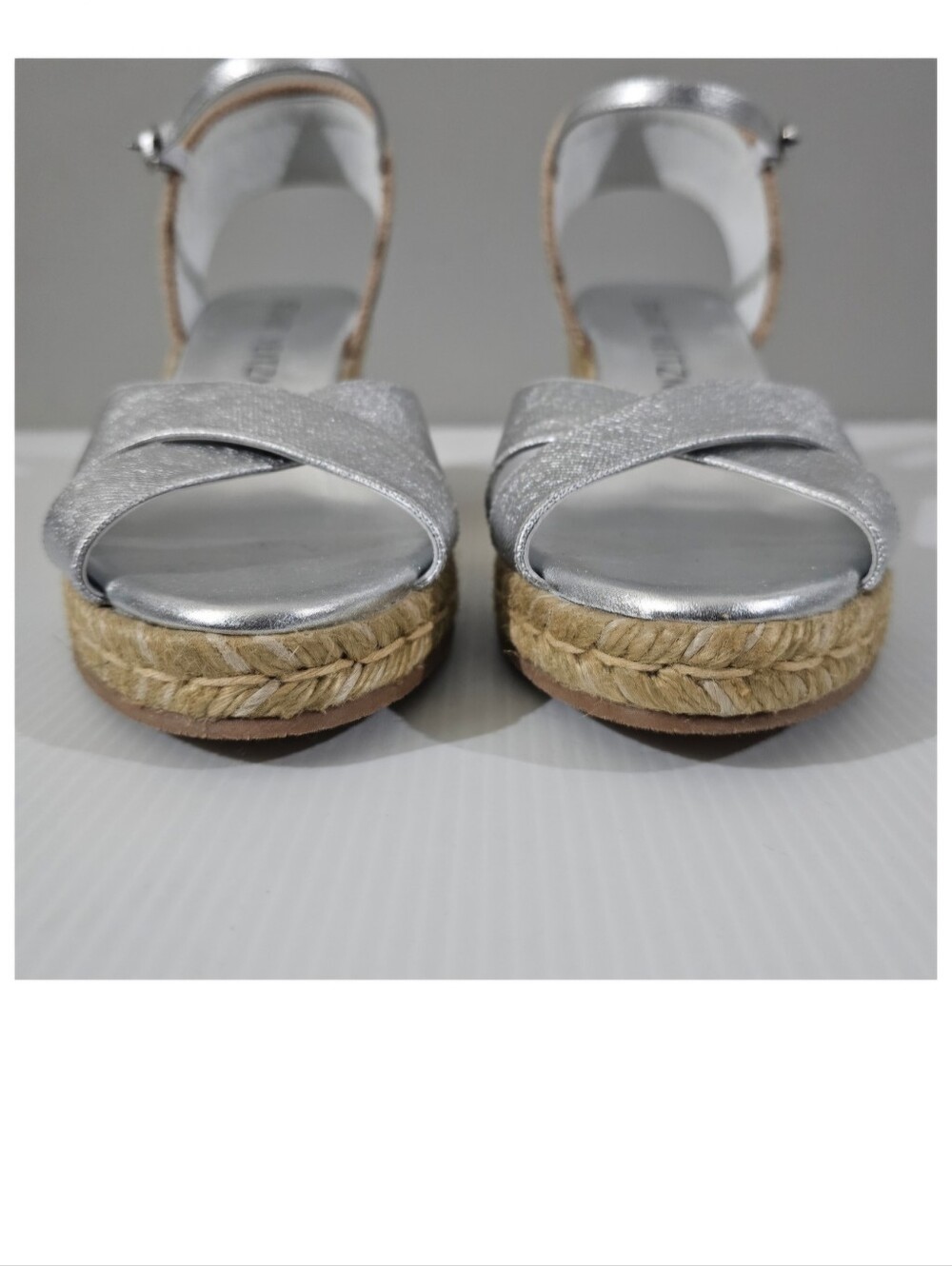 Stuart Weitzman Mirela II Espadrille Wedge Sandal Metallic Silver Womens 9 - Picture 6 of 13